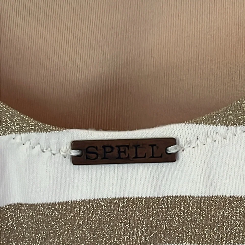 Free People X Spell | Aggy One-Piece Swimsuit‎ Gold & Cream Size Small Vneck